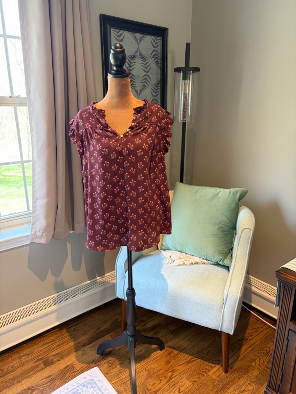 Loft Women's Burgundy Floral Ruffle Sleeve Blouse